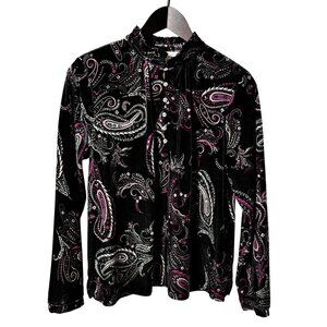 Vintage Women SZ PL 90s Paisley Velvet Long Sleeve Blouse Rhinestone Buttons